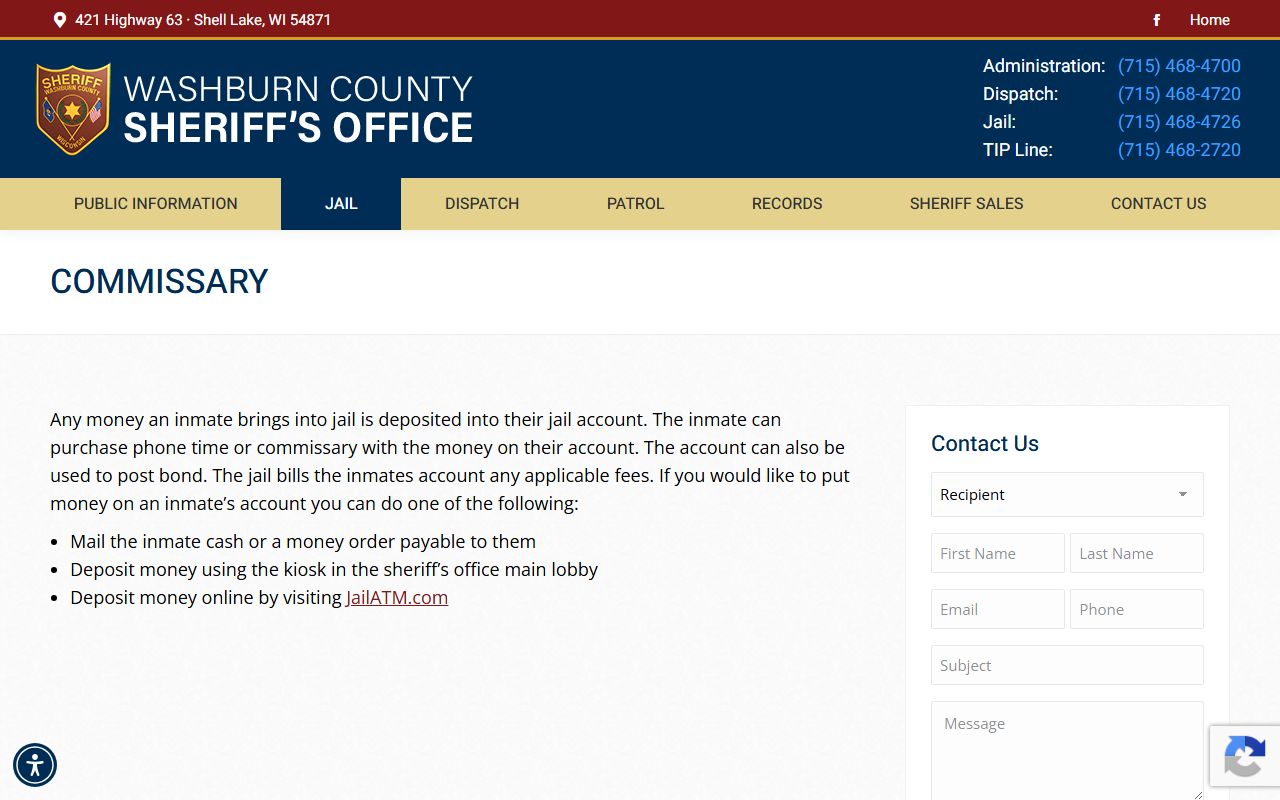 Washburn County Jail commissary and JailATM deposit information