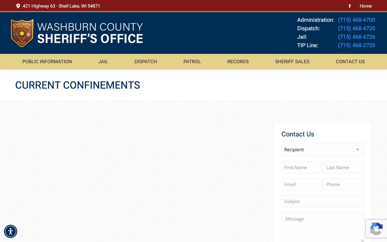 Washburn County current confinements roster page for inmate search