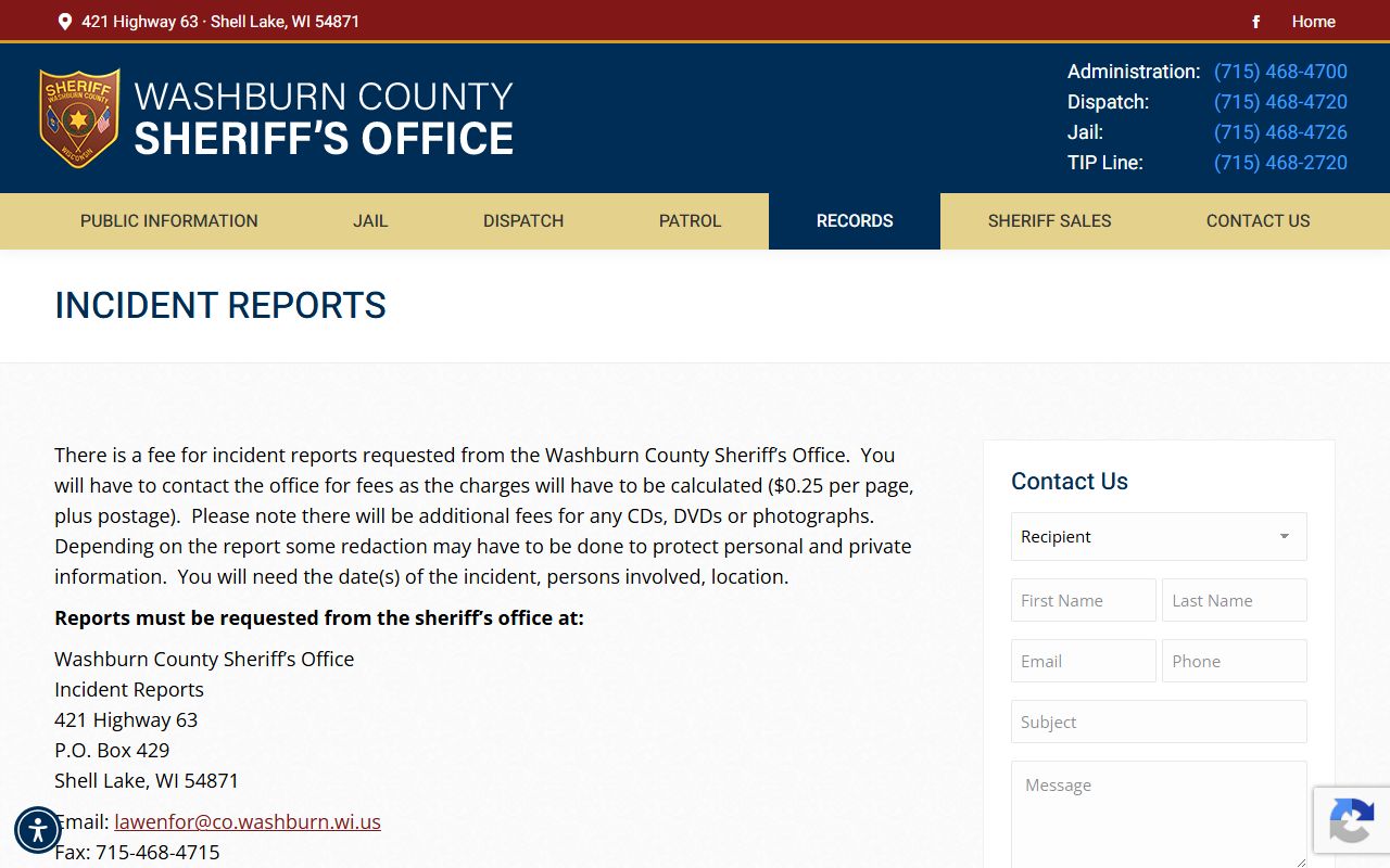 Washburn County sheriff records request page for booking photo requests