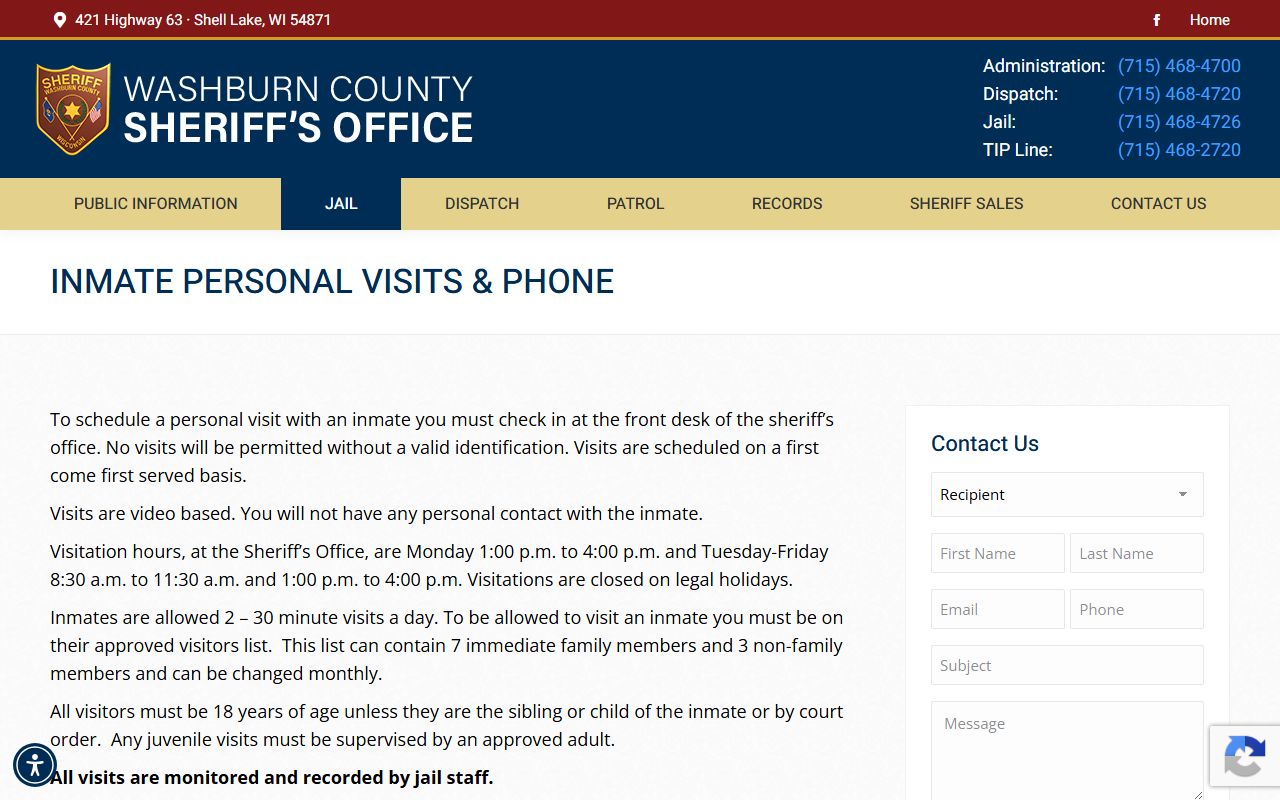 Washburn County Jail visitation schedule for inmate records users