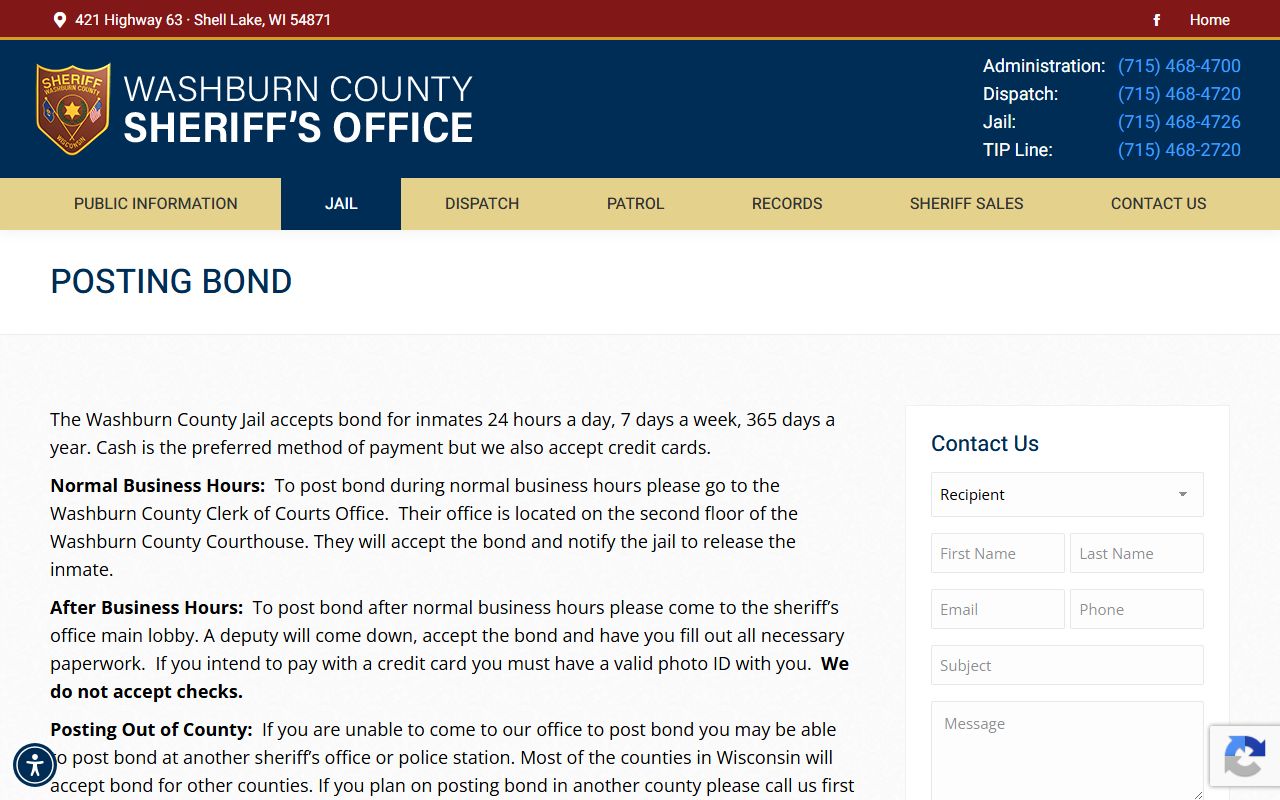 Washburn County jail bond instructions linked to inmate custody records