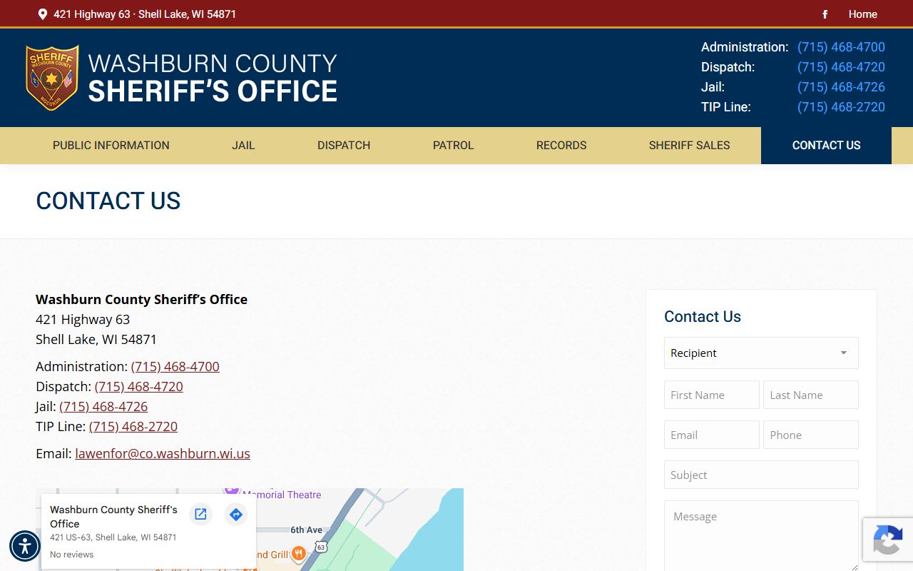 Washburn County Sheriff contact page for jail inmate information