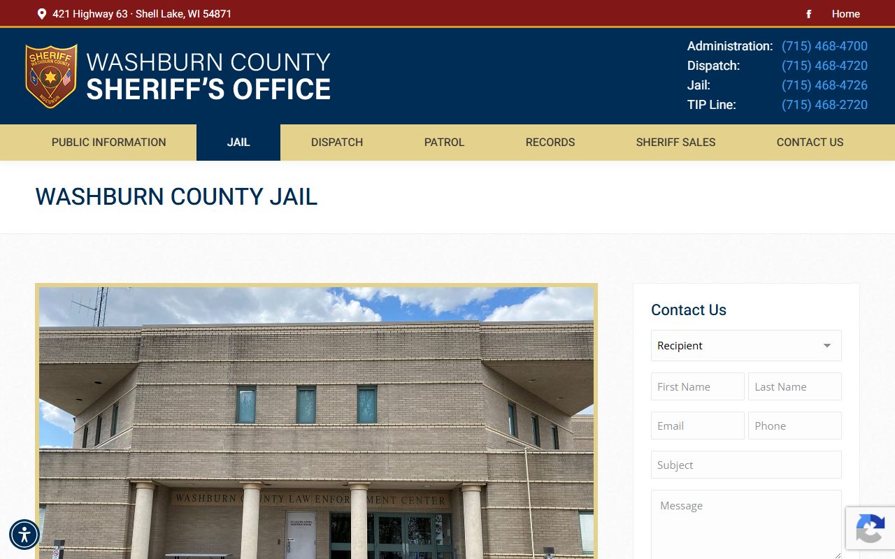 Washburn County Jail page with inmate population and facility information